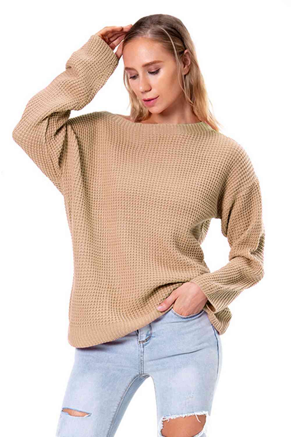 Boat Neck Drop Shoulder Long Sleeve Sweater