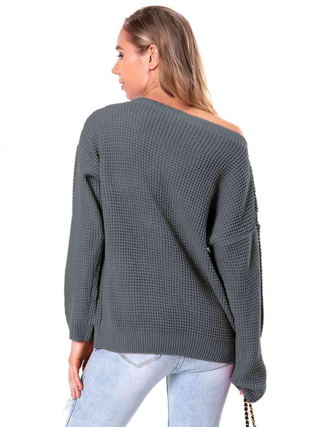 Boat Neck Drop Shoulder Long Sleeve Sweater