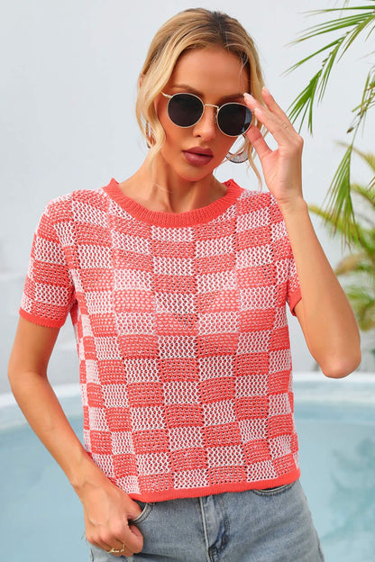 Checkered Short Sleeve Knit Top